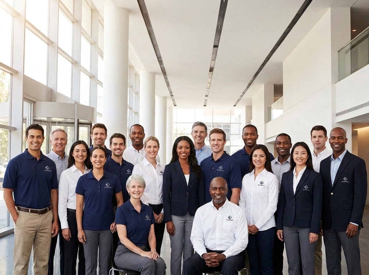Corporate office team in branded business uniforms