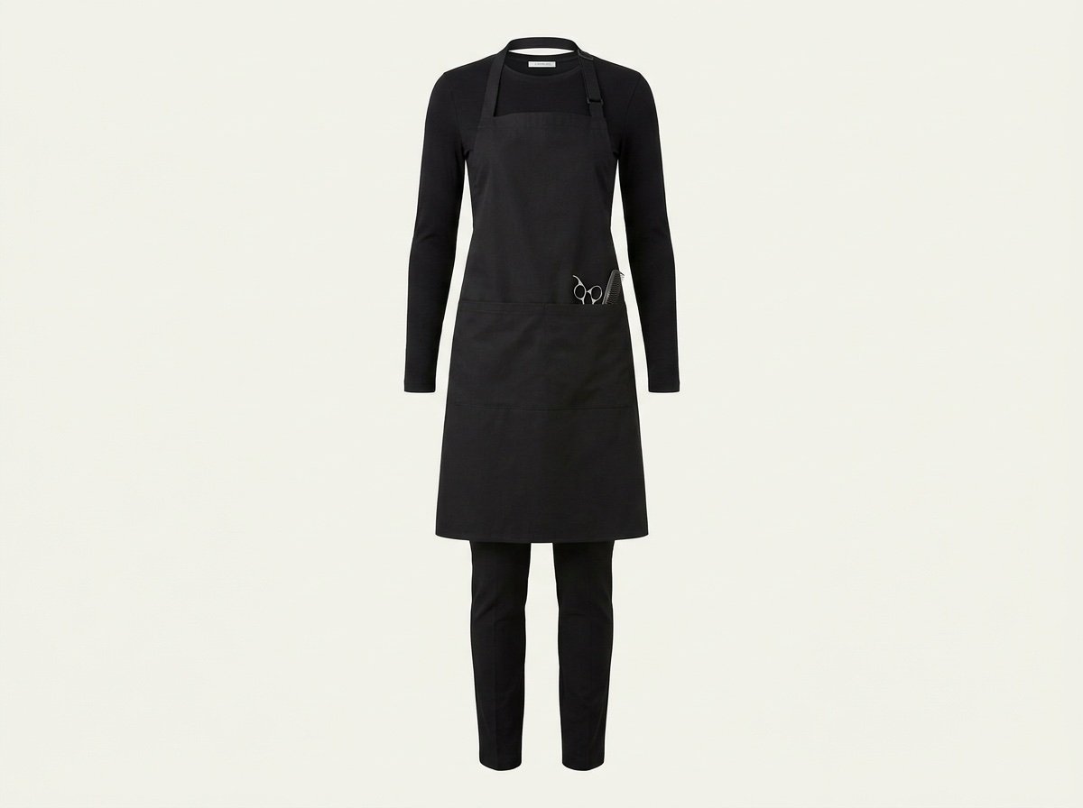 Hair stylist salon uniform: black cotton drill apron with deep front pockets over a fitted black top and slim black trousers