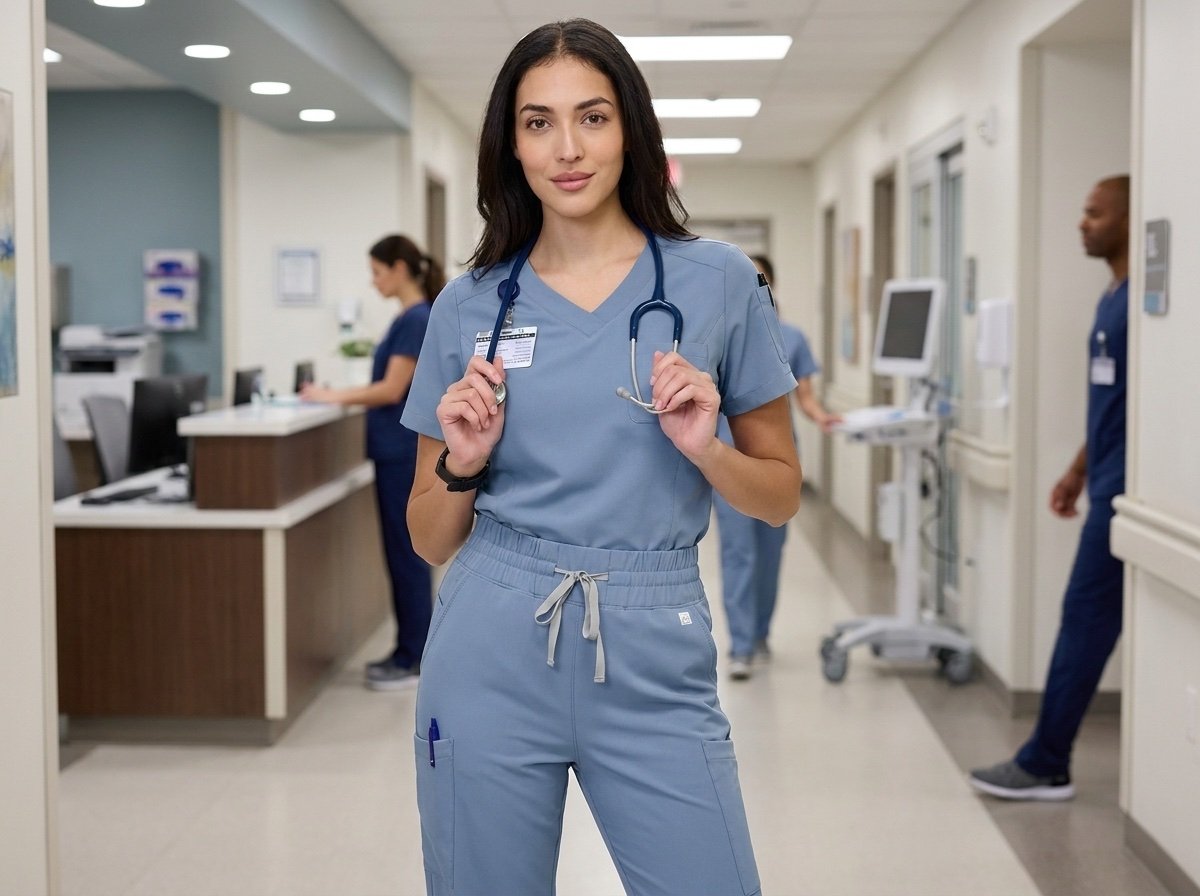 Healthcare professional wearing UAE Uniforms medical scrubs in a hospital corridor