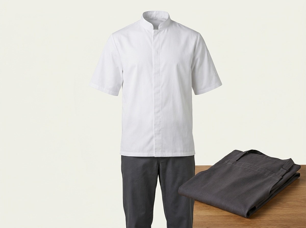 Household cook uniform: short white chef tunic with mandarin collar and dark grey trousers
