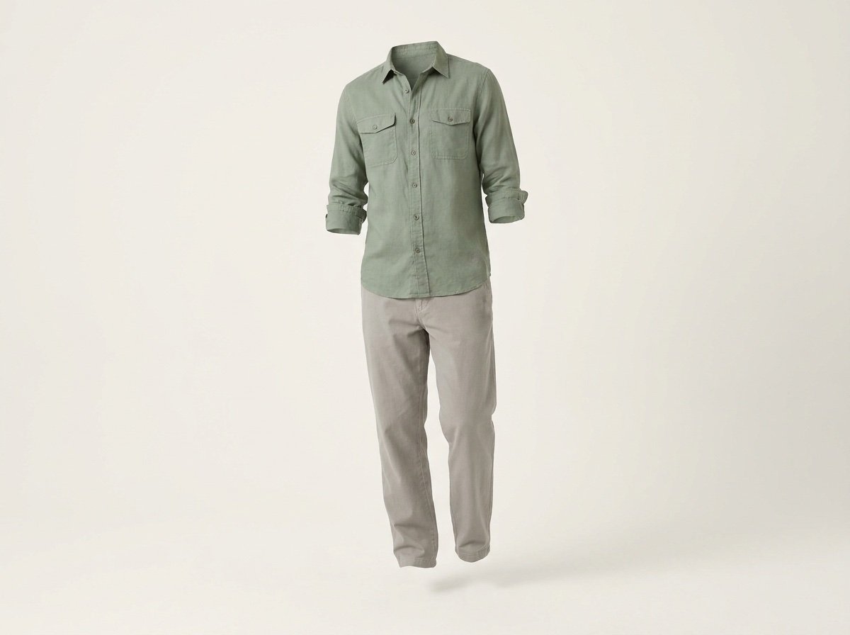 Gardener uniform: sage green long-sleeve shirt with chest pockets and stone-grey cotton trousers