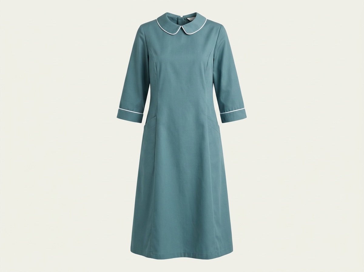Khadama housemaid uniform dress in teal poly-cotton twill with three-quarter sleeves and side pockets