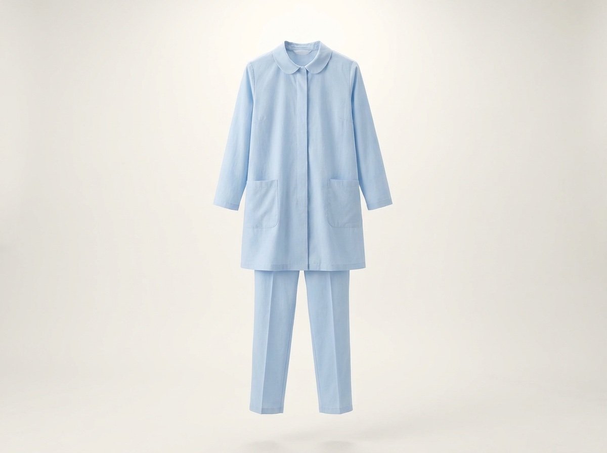 Nanny uniform in pastel blue soft cotton, tunic with deep front pockets and matching straight trousers