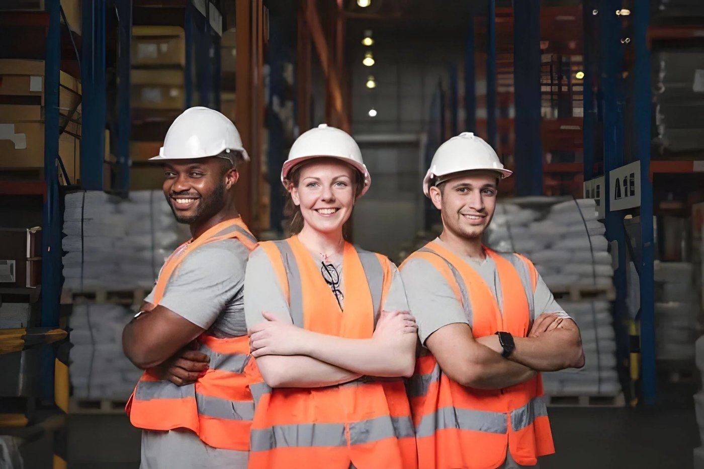 Industrial workers in high-visibility safety vests and hard hats