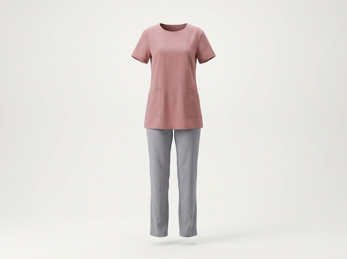 Nail technician uniform in dusty rose, short sleeve tunic with rounded neckline and front pockets, with grey straight trousers