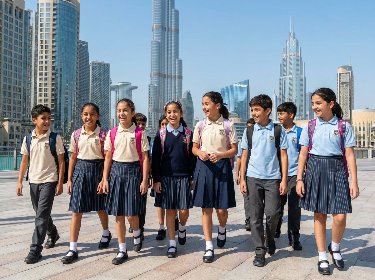 Schoolchildren in uniform walking together in Dubai