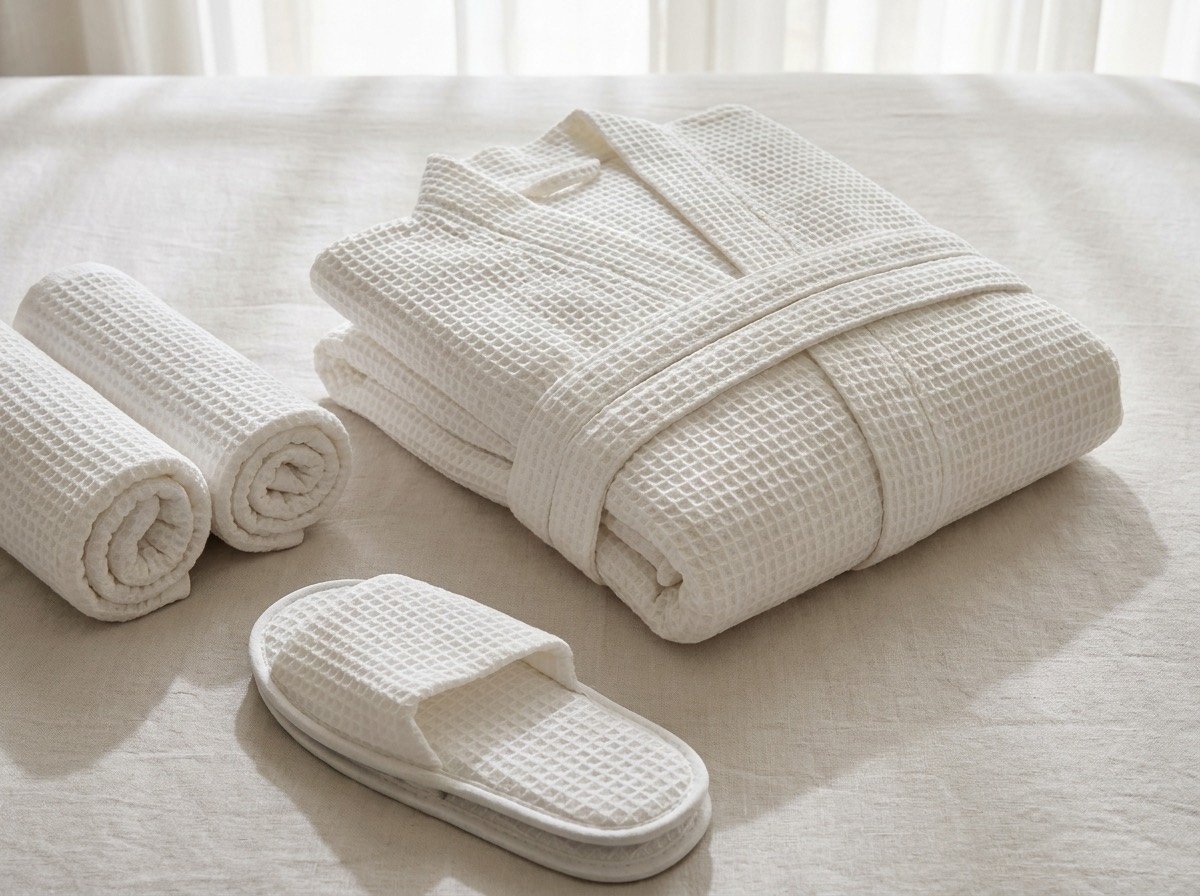Spa textiles: folded white waffle weave robe with rolled white towels and slippers on pale linen