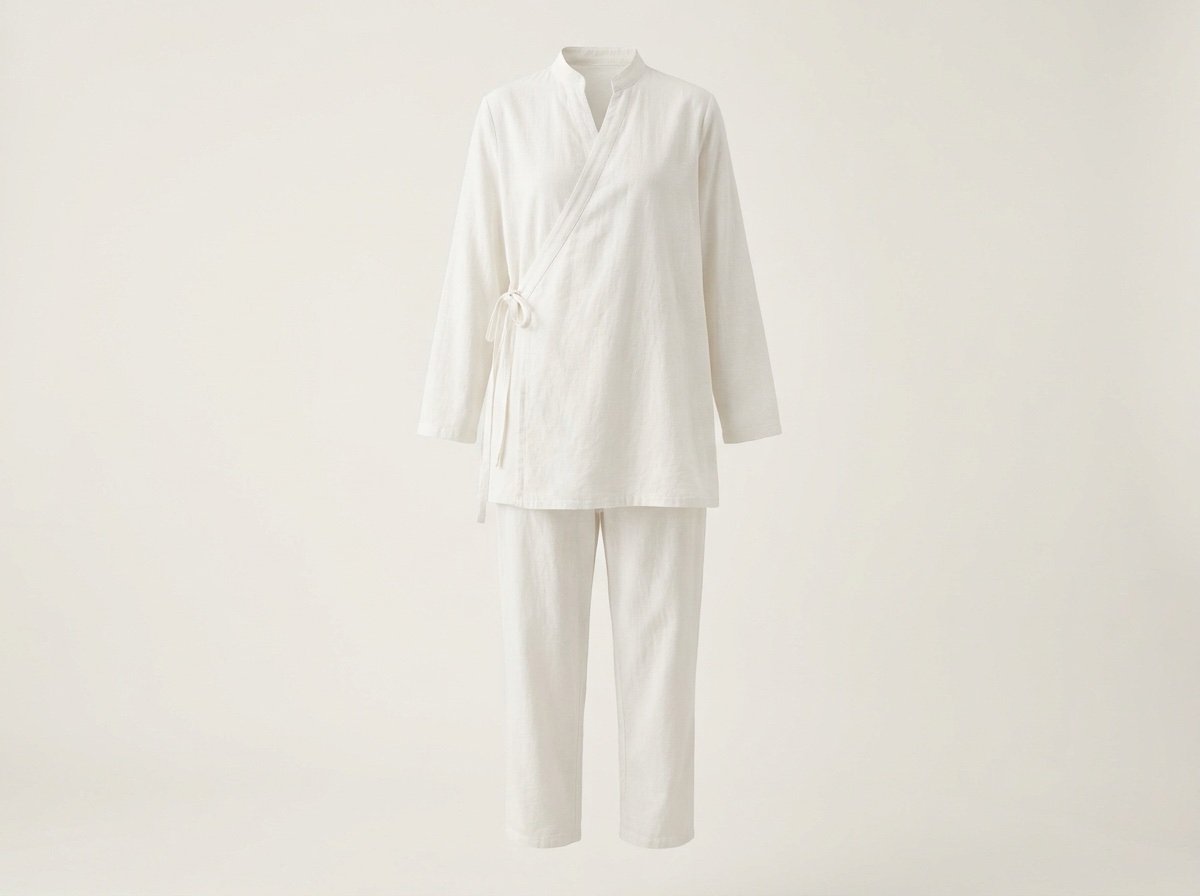 Spa therapist uniform in white cotton, wrap tunic with mandarin collar and side ties, with matching relaxed trousers