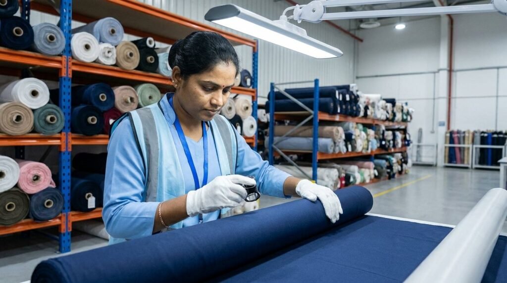 Worker inspecting a roll of navy workwear fabric for weave quality in a Dubai uniform factory