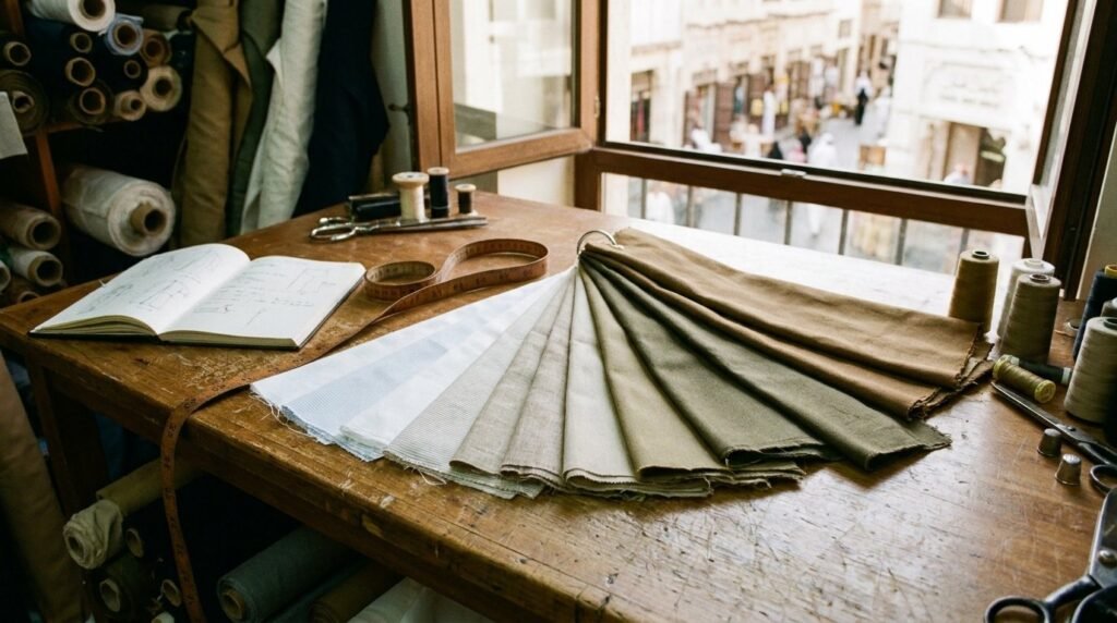 Fan of uniform fabric swatches on a workbench, from lightweight shirting to heavy workwear twill