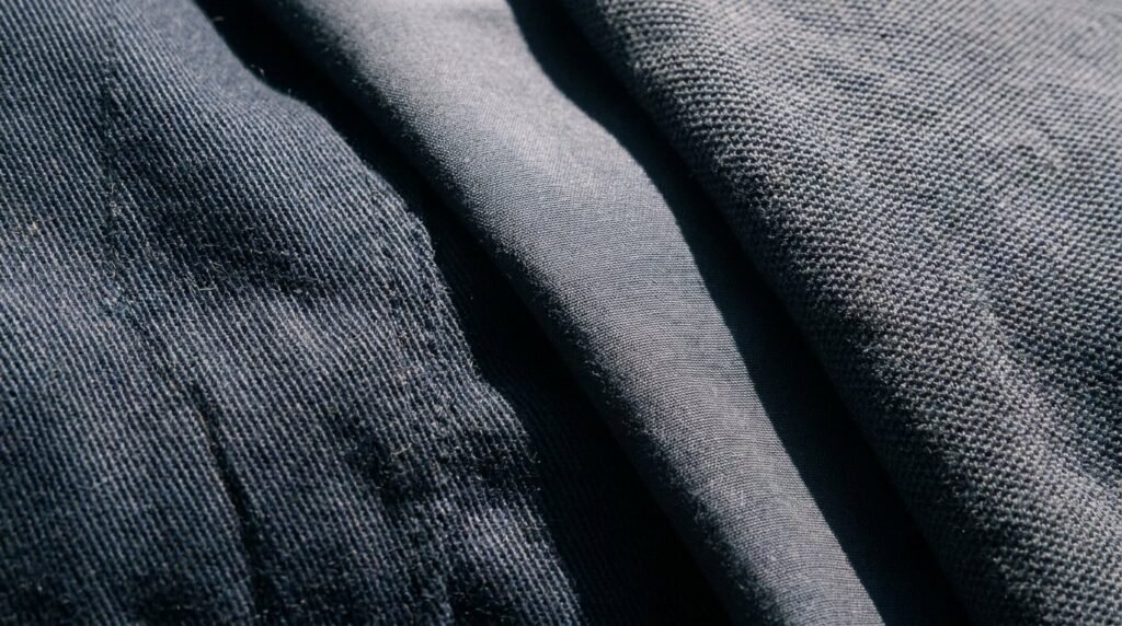 Close-up of uniform fabrics showing the diagonal ribbing of twill beside a flat poplin weave