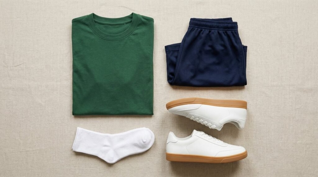 School PE kit laid out: house colour T-shirt, navy sports shorts, white socks and non-marking trainers