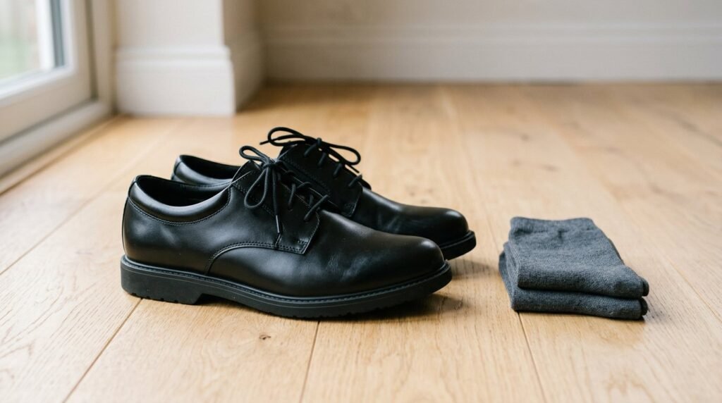 Plain black leather school shoes with flat soles and no logos, next to grey school socks