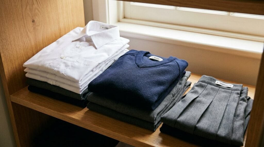 Neatly folded school shirts, jumper, trousers and skirt stacked on a shelf with name labels on the collars